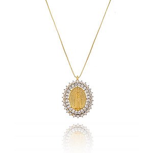 Colar Mandala Oval Cravejado Nossa Senhora Aparecida Folheado a Ouro 18K
