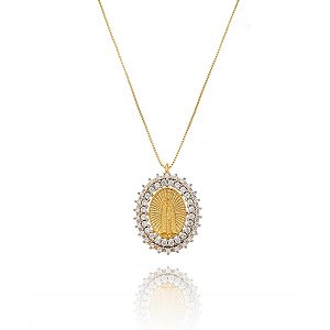 Colar Mandala Oval Cravejado Nossa Senhora Aparecida Folheado a Ouro 18K