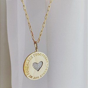 Colar Medalha Coração Cravejado Tudo Posso Folheado a Ouro 18K