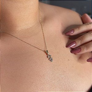 Colar Menina Cravejado Rosa Folheado a Ouro 18K
