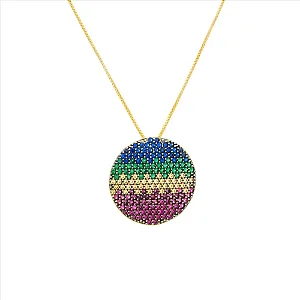 Colar Moeda Cravejado Rainbow Folheado a Ouro 18K