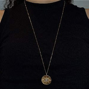 Colar Moeda Olho Grego 70Cm Folheado a Ouro 18K
