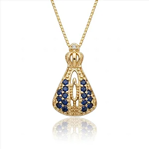 Colar Nossa Senhora Aparecida Manto Azul Folheado a Ouro 18K