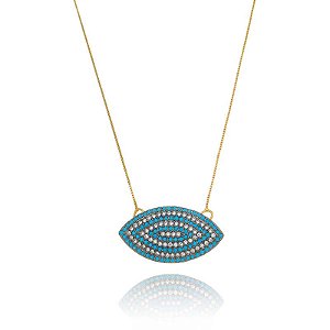 Colar Olho Cravejado Azul Folheado a Ouro 18K