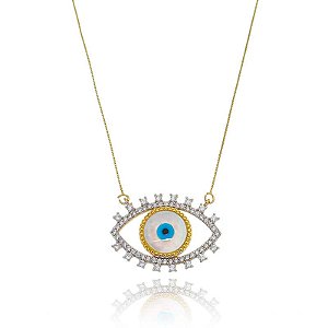 Colar Olho Grego Vazado Cravejado Folheado a Ouro 18K