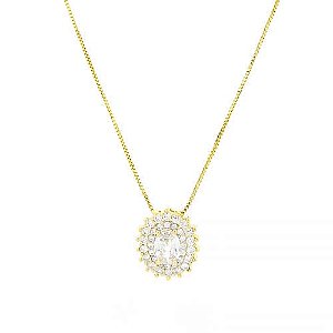 Colar Oval Zirc Meio Borda Cravejado Folheado a Ouro 18K
