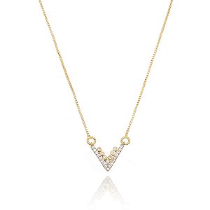 Colar V Cravejado Bolinhas Folheado a Ouro 18K