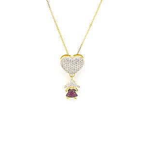 Colar Veneziano Coração Menina Cravejado Folheado a Ouro 18K
