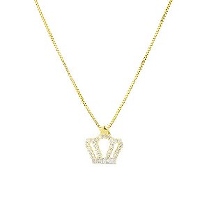 Colar Veneziano Coroa Cravejado Folheado a Ouro 18K