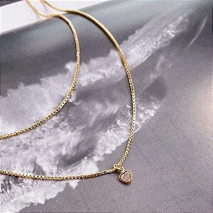 Colar Veneziano Duplo Pingente Coração Zircônia Folheado a Ouro 18K
