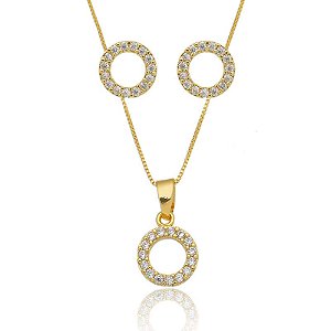Conjunto Circulo Vazado Cravejado Folheado a Ouro 18K