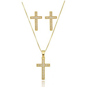 Conjunto Cruz Cravejado Folheado a Ouro 18K