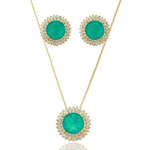 Conjunto Redondo Verde Com Borda Cravejado Folheado a Ouro 18K