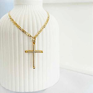 Colar Elo Piastrini Com Pingente De Cruz Folheado a Ouro 18K