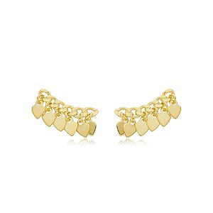 Brinco Earcuff Corrente Coração Pendurado Folheado a Ouro 18K