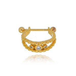 Piercing 2 Em 1 Meia Argola Dois Fios Bolinhas E 3 Zirconias Folheado a Ouro 18K