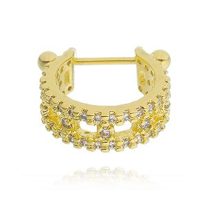 Piercing 2 Em 1 Meia Argola Fio Duplo Zircônias No Centro Folheado a Ouro 18K