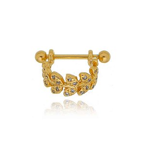Piercing 2 Em 1 Meia Argola Folhagem Cravejado Conch Folheado a Ouro 18K