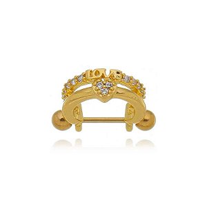 Piercing 2 Em 1 Meia Argola Love E Coração Cravejado Folheado a Ouro 18K