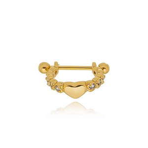 Piercing 2 Em 1 Meia Argola Zircônias Bolinhas E Coração Liso Folheado a Ouro 18K