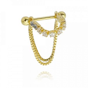 Piercing Bastão Correntinha Veneziano E Zircônia Folheado a Ouro 18K