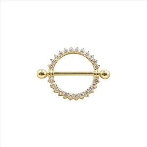 Piercing Mamilo Redondo Cravejado Folheado a Ouro 18K