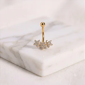 Piercing Umbigo [12mm] 3 Flores Cravejados Folheado a Ouro 18K