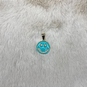 Pingente Carinha Feliz Resina Azul Folheado a Ouro 18k