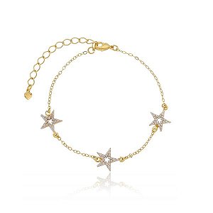 Pulseira 3 Estrelas Cravejados Folheado a Ouro 18K