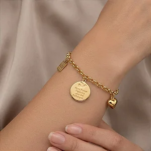 Pulseira 3 Pingente Coração E Religioso Folheado a Ouro 18K