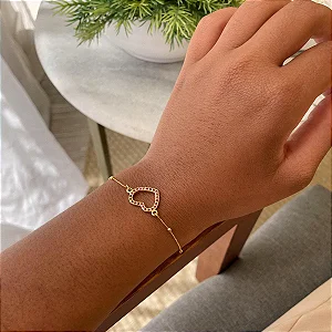 Pulseira Bolinha Pingente Coração Cravejado Folheado a Ouro 18K