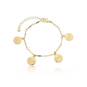 Pulseira Canutilhos Pingentes Moedas Sou Grata Agradeço Entrego E Confio Folheado a Ouro 18K