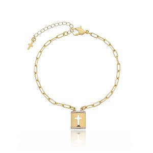 Pulseira Corrente Cartier Pingente Placa Cruz Folheado a Ouro 18K