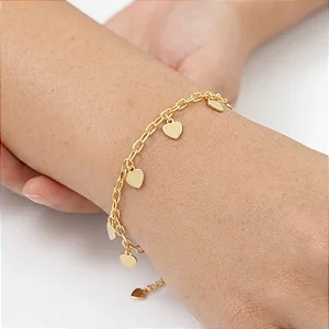 Pulseira Corrente Rígida Pingentes Coraçoes Chapa Folheado a Ouro 18K