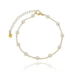 Pulseira Correntinha 11 Pérolas 4Mm Folheado a Ouro 18K