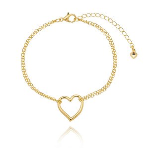 Pulseira Correntinha Dupla Coração Vazado Folheado a Ouro 18K