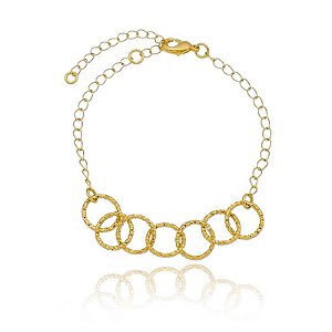 Pulseira Correntinha E Elos Redondos Trabalhados Unidas Folheado a Ouro 18K