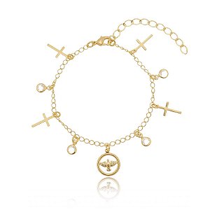 Pulseira Correntinha Pingentes Espírito Santo Cruz E Zircônia Folheado a Ouro 18K