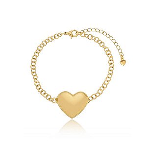 Pulseira Correntinha Redonda Coração Liso Meio Folheado a Ouro 18K
