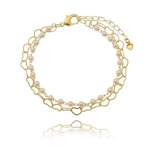 Pulseira Dupla Pérola E Elo Coração Folheado a Ouro 18K