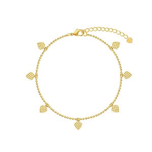 Pulseira Elo Bolinhas Pingentes Corações Granitados Folheado a Ouro 18K
