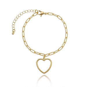 Pulseira Elo Cartier Pingente Coração Vazado Folheado a Ouro 18K
