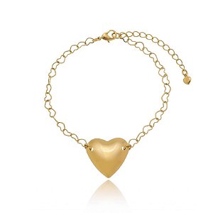 Pulseira Elo Corações E Coração Liso Folheado a Ouro 18K