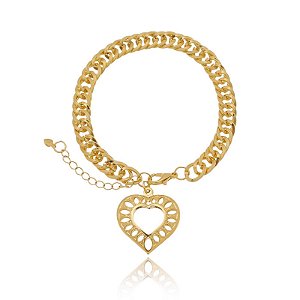 Pulseira Elo Groumet Trançado Pingente Coração Trabalhado Folheado a Ouro 18K