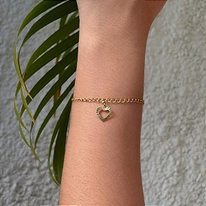 Pulseira Elo Losango Pingente Coração Vazado Borda Trabalhada Folheado a Ouro 18K