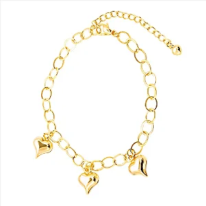 Pulseira Elo Oval 3 Corações Abaulados Pendurados Folheado a Ouro 18K