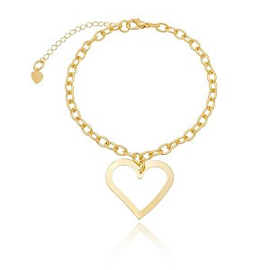 Pulseira Elo Oval Pingente Coração Placa Vazado Folheado a Ouro 18K