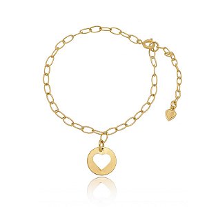 Pulseira Elo Oval Pingente Placa Redondo Coração Vazado Folheado a Ouro 18K