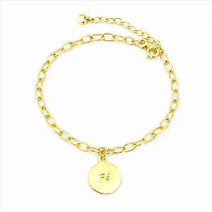 Pulseira Elo Oval Pingente Redondo Fe Folheado a Ouro 18K