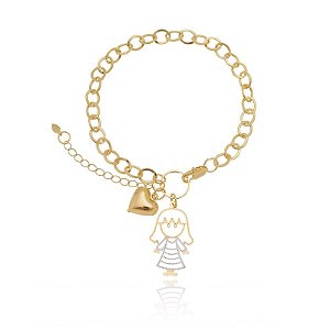Pulseira Elo Oval Pingente Menina Vazado Folheado a Ouro 18K